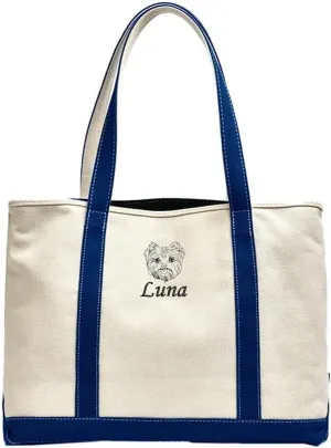GOPHIE Personalized Embroidery Canvas Tote Bag,Embroidered Dog Face with Pet Name,Top Zipper Closure, Daily Essentials