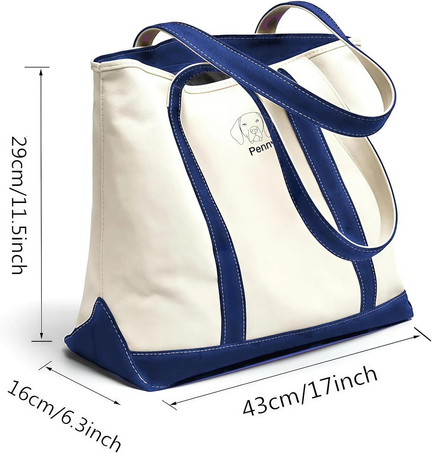 GOPHIE Personalized Embroidery Canvas Tote Bag,Embroidered Dog Face with Pet Name,Top Zipper Closure, Daily Essentials