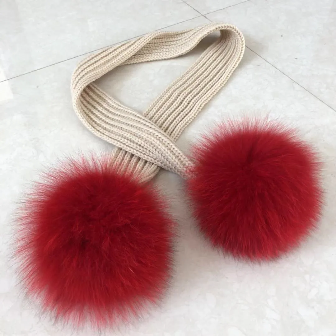 Gorgeous Ladies Knit Scarves with Fox Fur Pom Poms