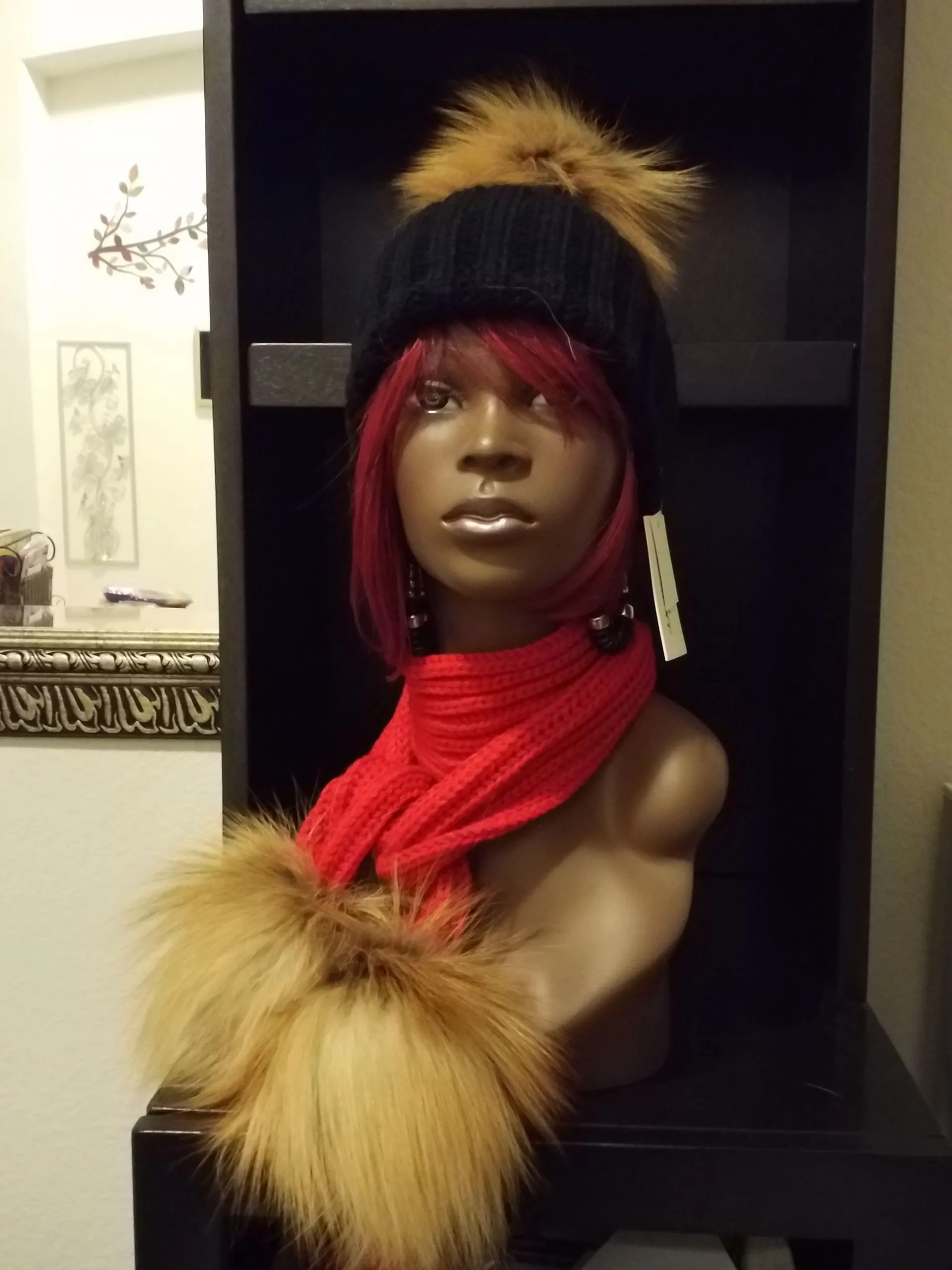Gorgeous Ladies Knit Scarves with Fox Fur Pom Poms