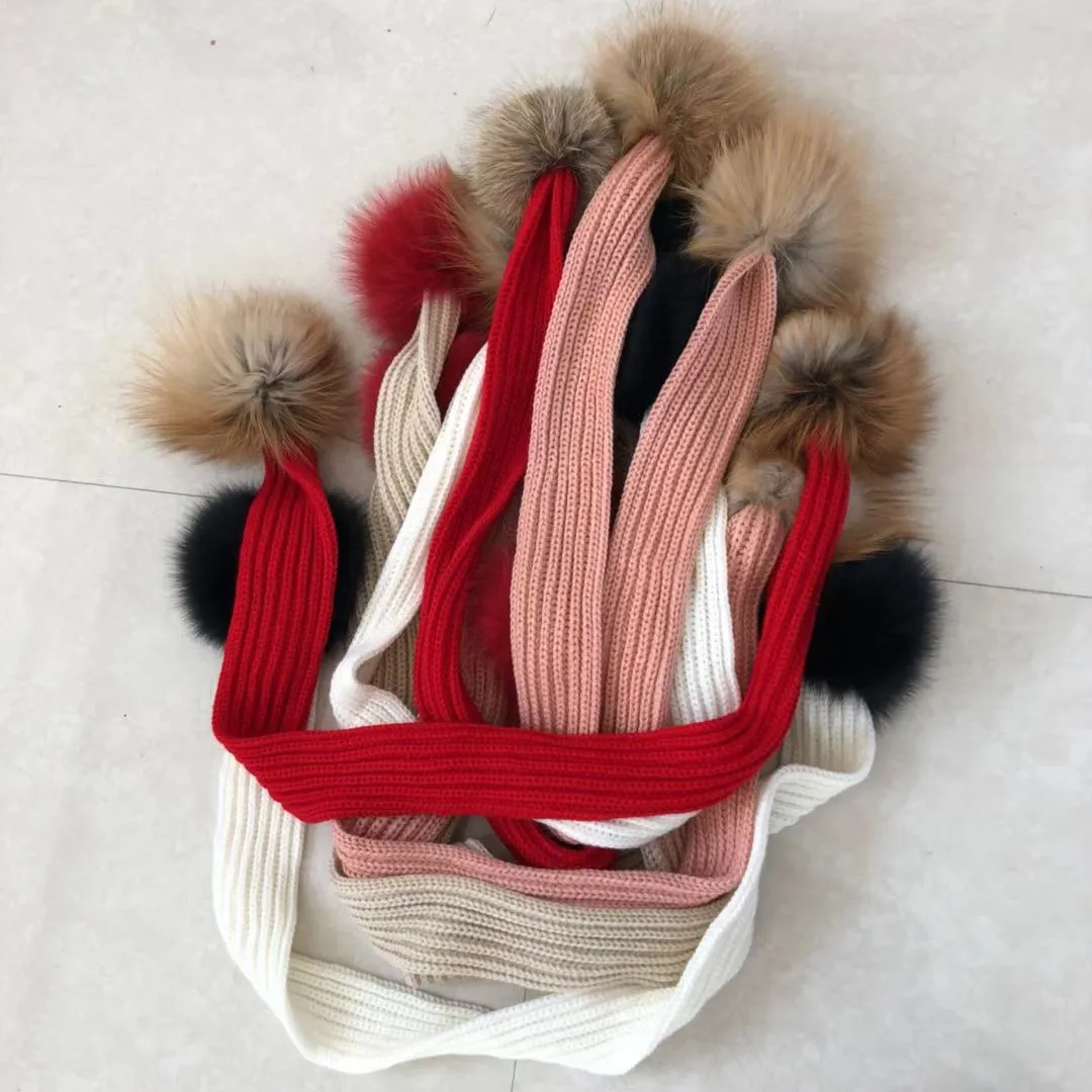 Gorgeous Ladies Knit Scarves with Fox Fur Pom Poms