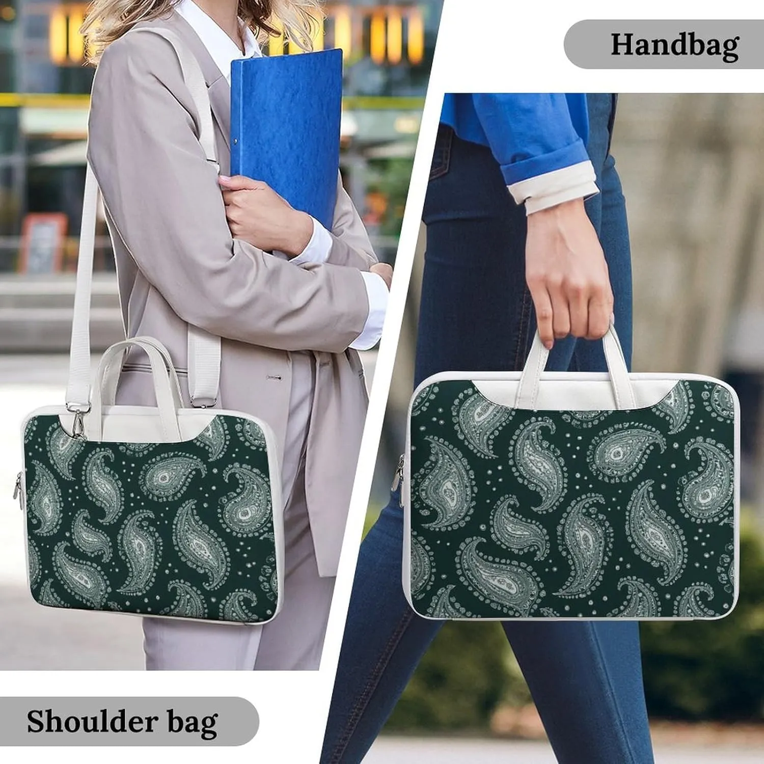 Green Paisley Pattern Leather Bag Laptop Case Slim Water Resistant Computer Bags with Handle Briefcase for Work