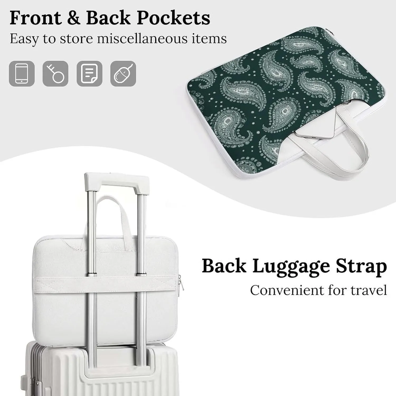 Green Paisley Pattern Leather Bag Laptop Case Slim Water Resistant Computer Bags with Handle Briefcase for Work