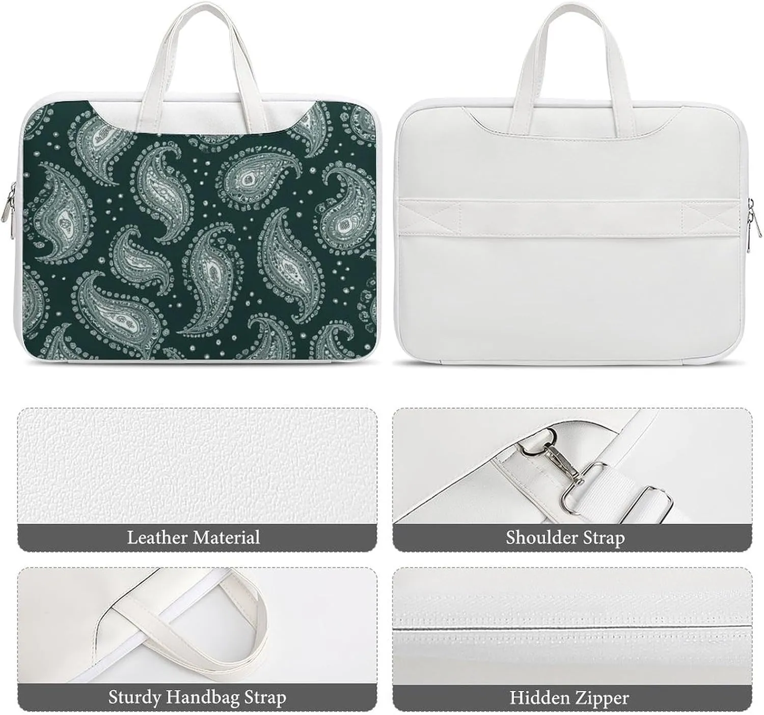 Green Paisley Pattern Leather Bag Laptop Case Slim Water Resistant Computer Bags with Handle Briefcase for Work
