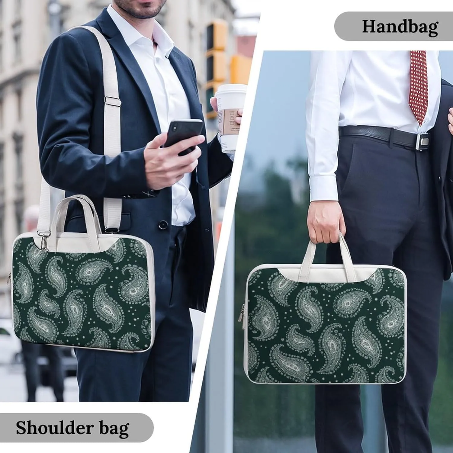 Green Paisley Pattern Leather Bag Laptop Case Slim Water Resistant Computer Bags with Handle Briefcase for Work