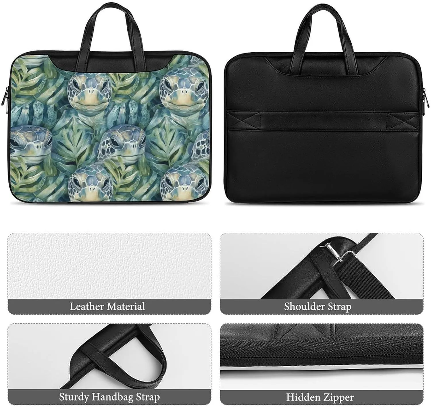 Green Turtles in Monstera Leather Bag Laptop Case Slim Water Resistant Computer Bags with Handle Briefcase for Work
