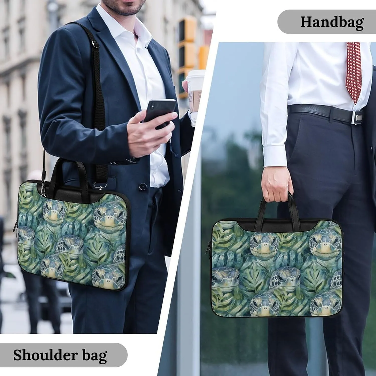 Green Turtles in Monstera Leather Bag Laptop Case Slim Water Resistant Computer Bags with Handle Briefcase for Work