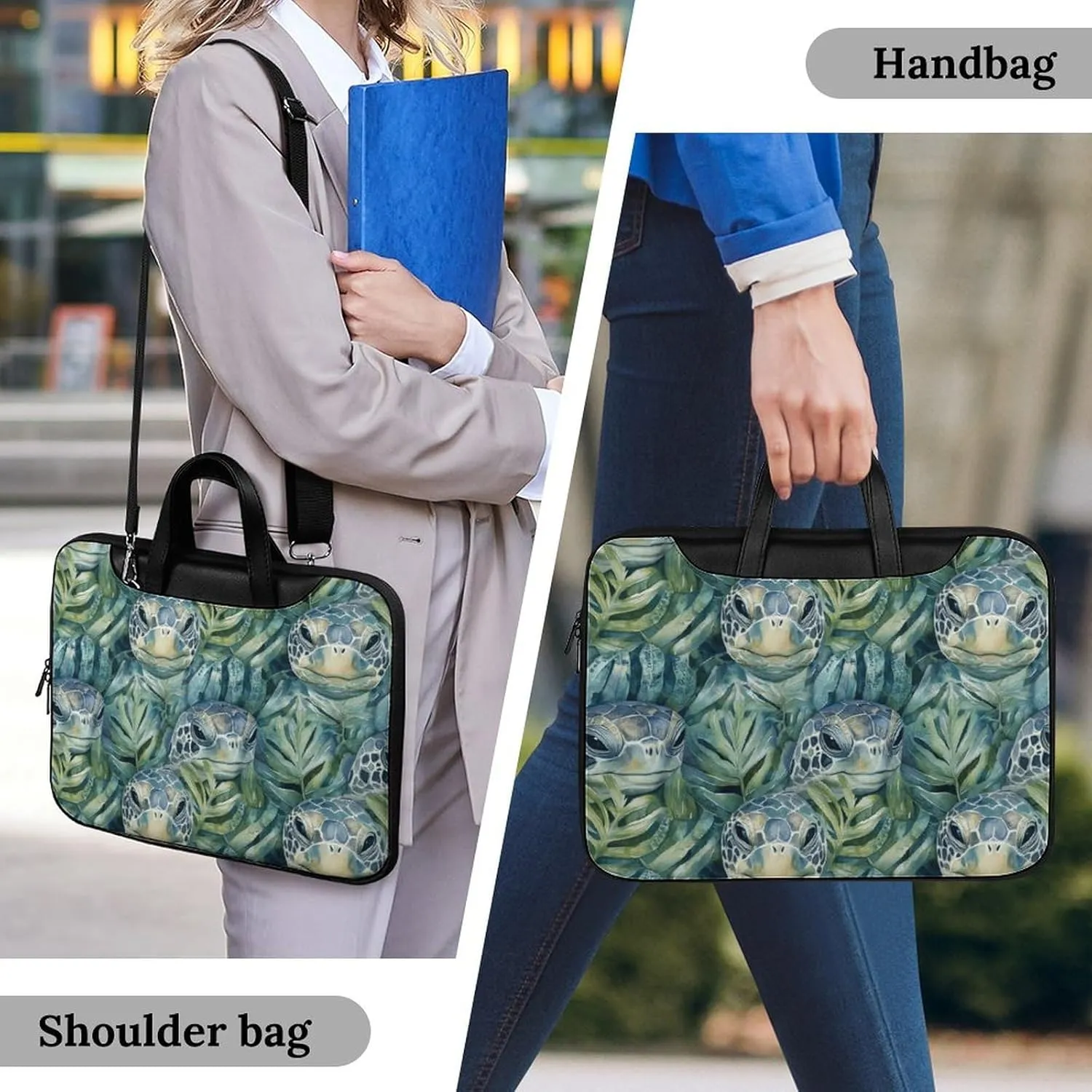 Green Turtles in Monstera Leather Bag Laptop Case Slim Water Resistant Computer Bags with Handle Briefcase for Work