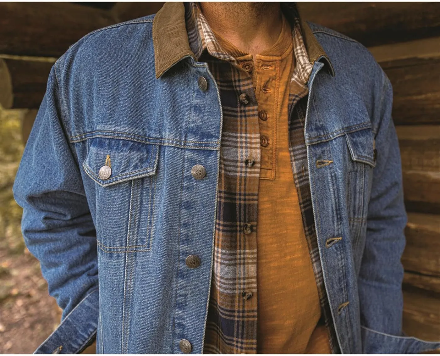 Guide Gear Mens Quilt-Lined Denim Jacket 2.0; Cotton Button Down Cowboy Jean Coat