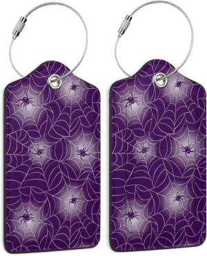 Halloween Luggage Tags Set of 2 Purple Spider Web Leather Suitcase Tags with Stainless Steel Loop and Privacy Cover for Women Men Travel Luggage Accessories