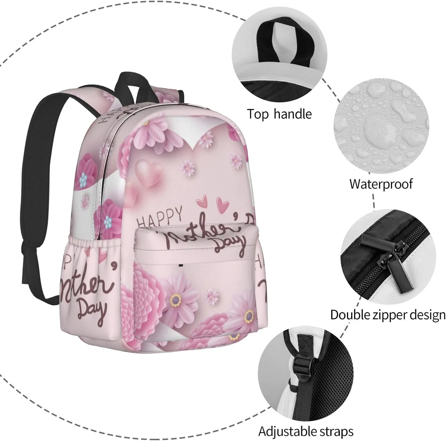 Happy Mother's Day Floral Backpack Double Shoulder Bag 15 Inch Laptop Bagpacks for Hiking Work Camping Travel