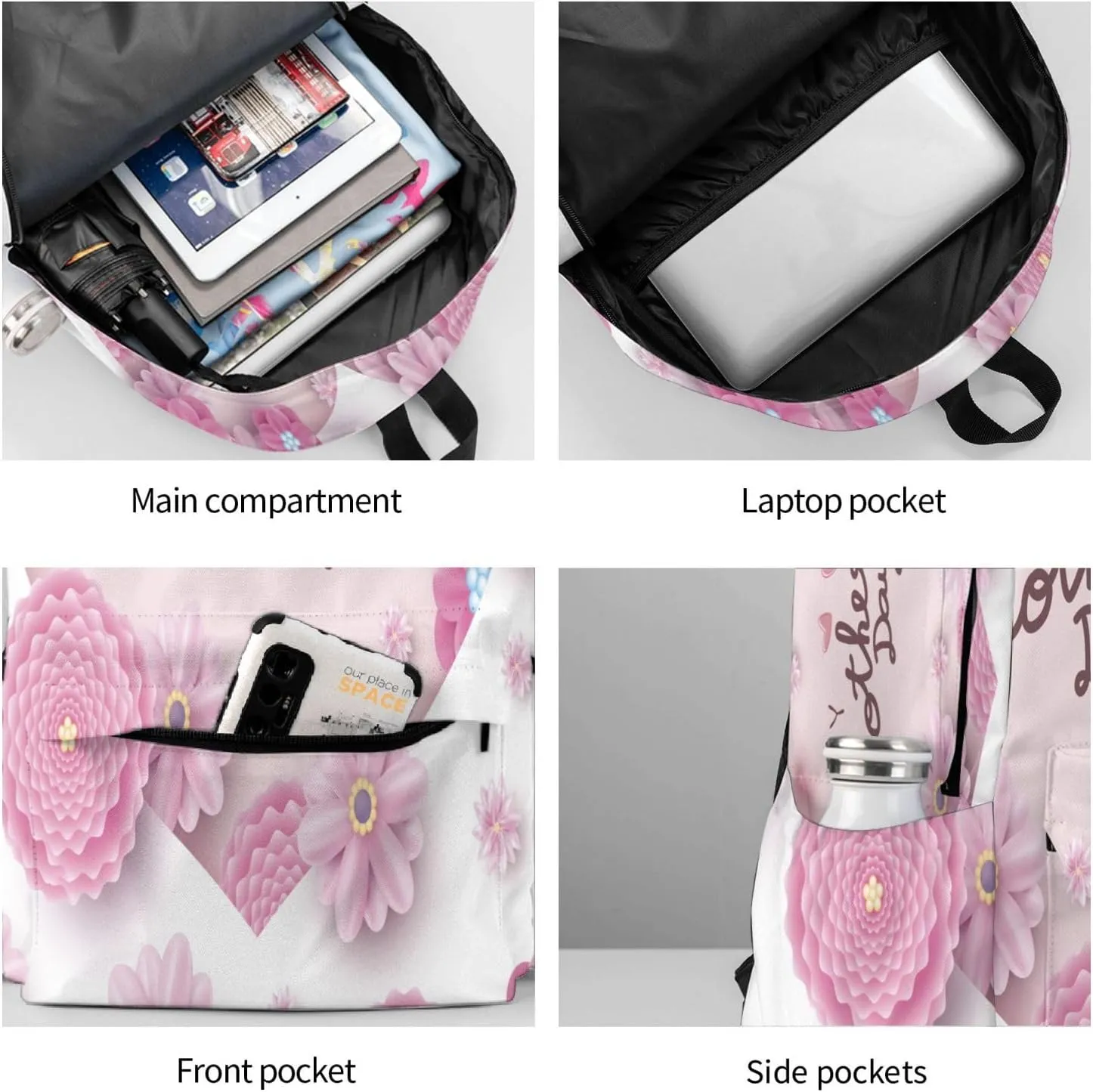 Happy Mother's Day Floral Backpack Double Shoulder Bag 15 Inch Laptop Bagpacks for Hiking Work Camping Travel