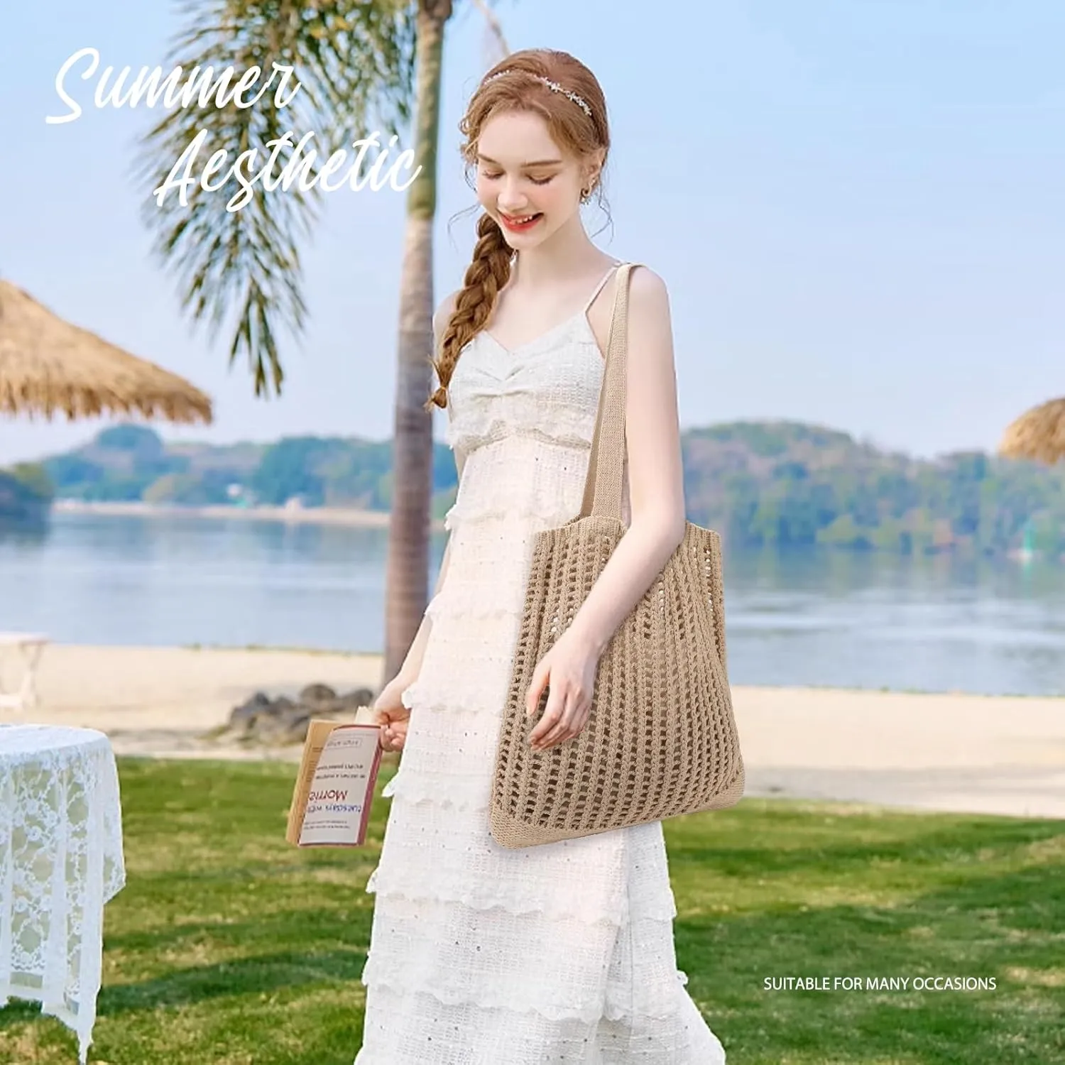 hatisan Crochet Bags for Women - Summer Beach Tote, Aesthetic Hippie Knit Bag