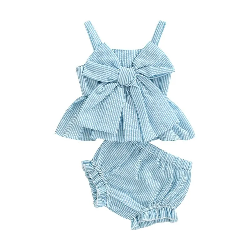 Infant Baby Girl 2Pcs Set Striped Print Big Bow Dress Top and Bloomer Shorts