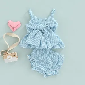 Infant Baby Girl 2Pcs Set Striped Print Big Bow Dress Top and Bloomer Shorts