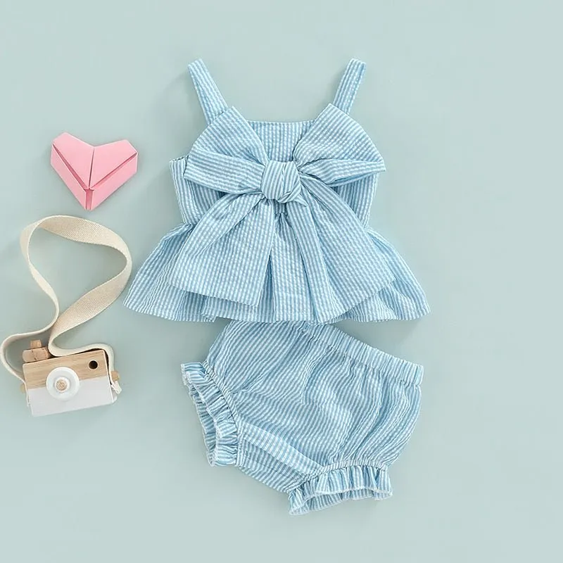 Infant Baby Girl 2Pcs Set Striped Print Big Bow Dress Top and Bloomer Shorts