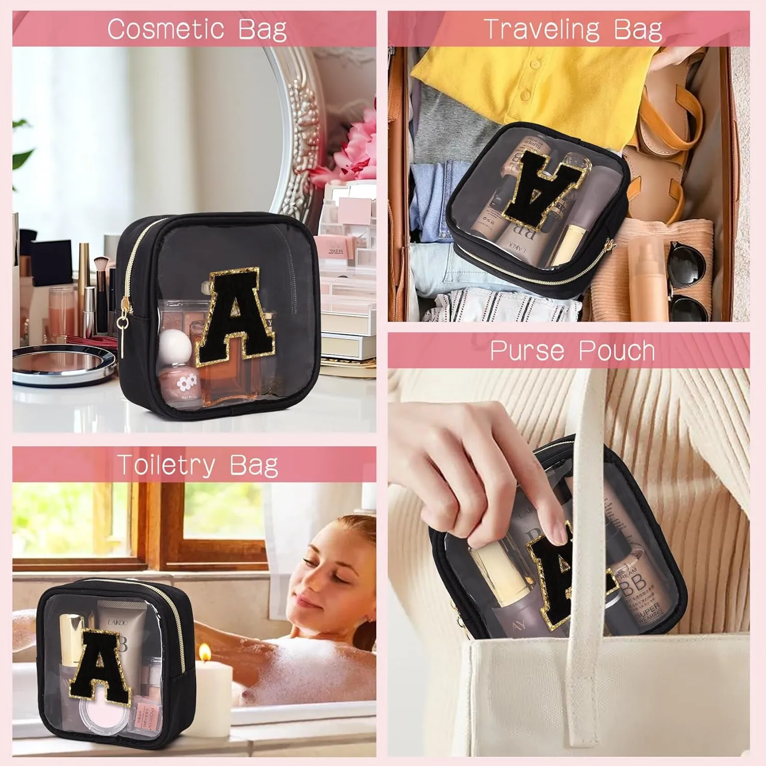 Initial Clear Makeup Bag Small Cosmetic Bag Travel Toiletry Bag Clear Zipper Pouch Purse Organizer Bags for Women (Black, N)