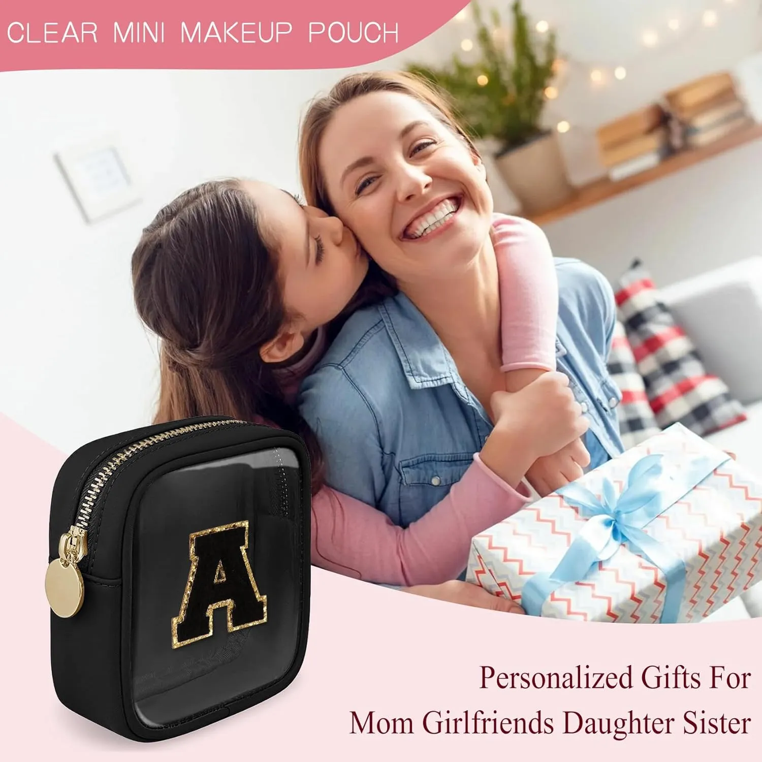 Initial Clear Makeup Bag Small Cosmetic Bag Travel Toiletry Bag Clear Zipper Pouch Purse Organizer Bags for Women (Black, N)