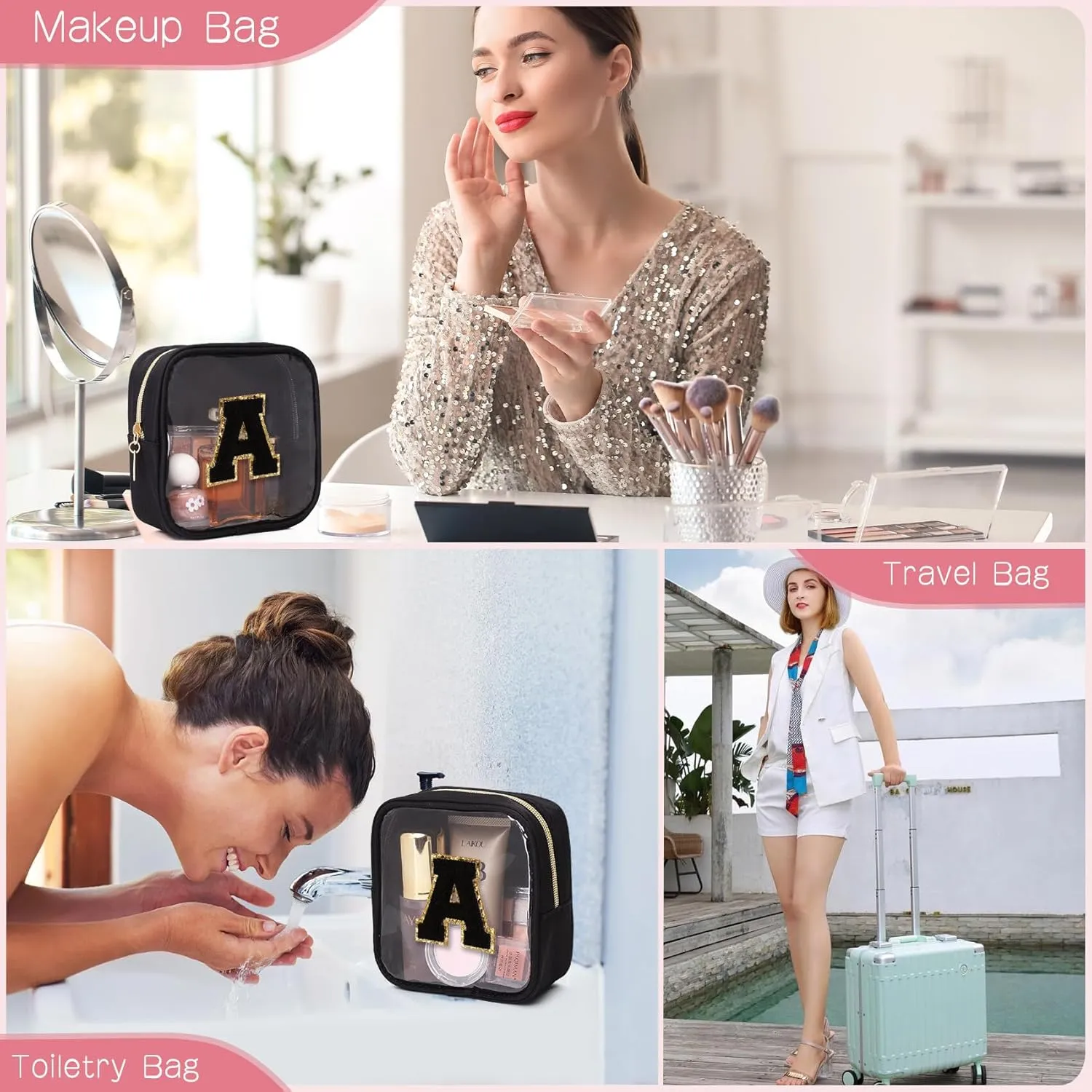 Initial Clear Makeup Bag Small Cosmetic Bag Travel Toiletry Bag Clear Zipper Pouch Purse Organizer Bags for Women (Black, N)