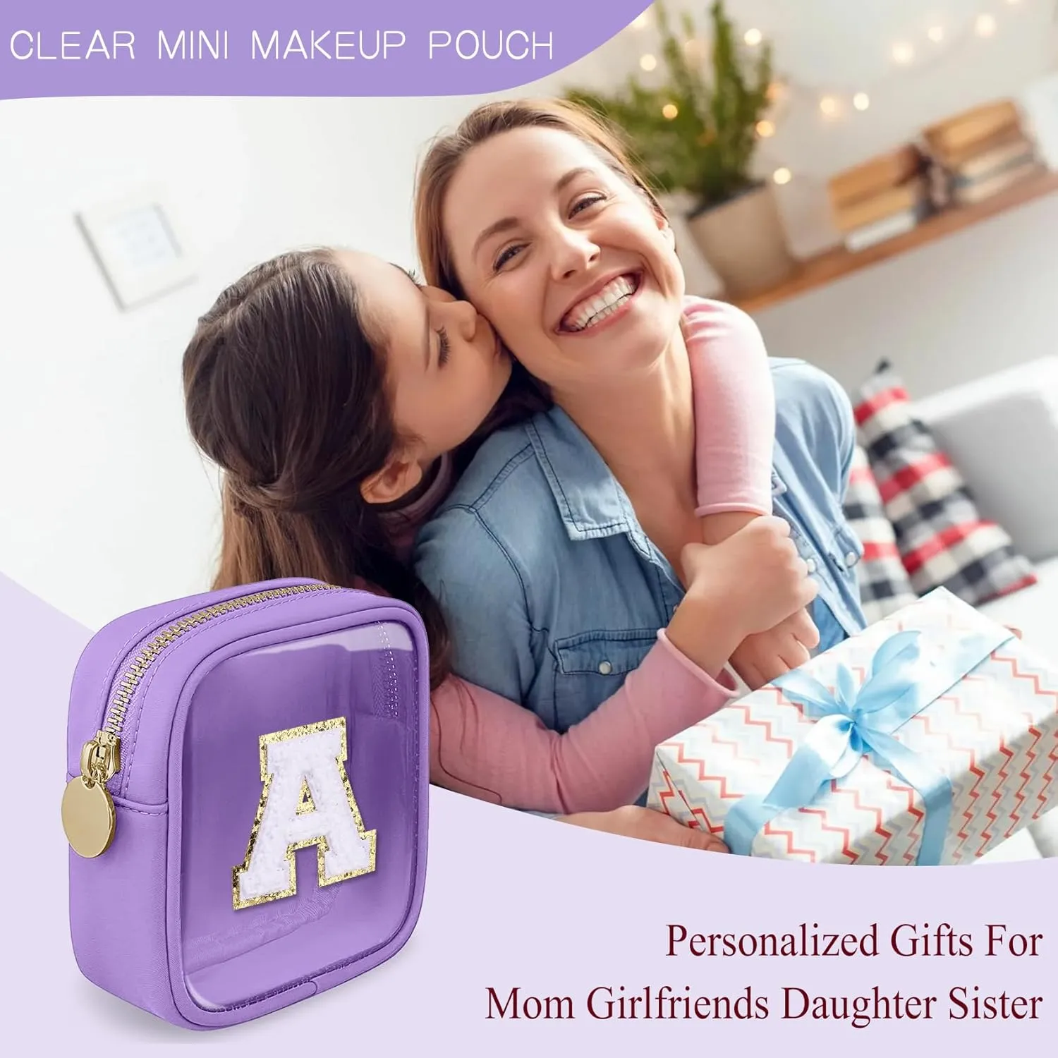 Initial Clear Makeup Bag Small Cosmetic Bag Travel Toiletry Bag Clear Zipper Pouch Purse Organizer Bags for Women (Purple, N)