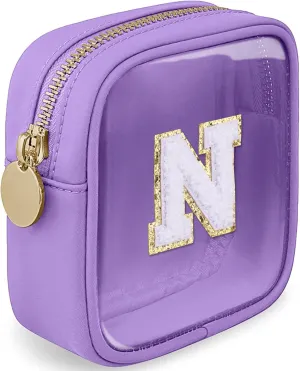 Initial Clear Makeup Bag Small Cosmetic Bag Travel Toiletry Bag Clear Zipper Pouch Purse Organizer Bags for Women (Purple, N)