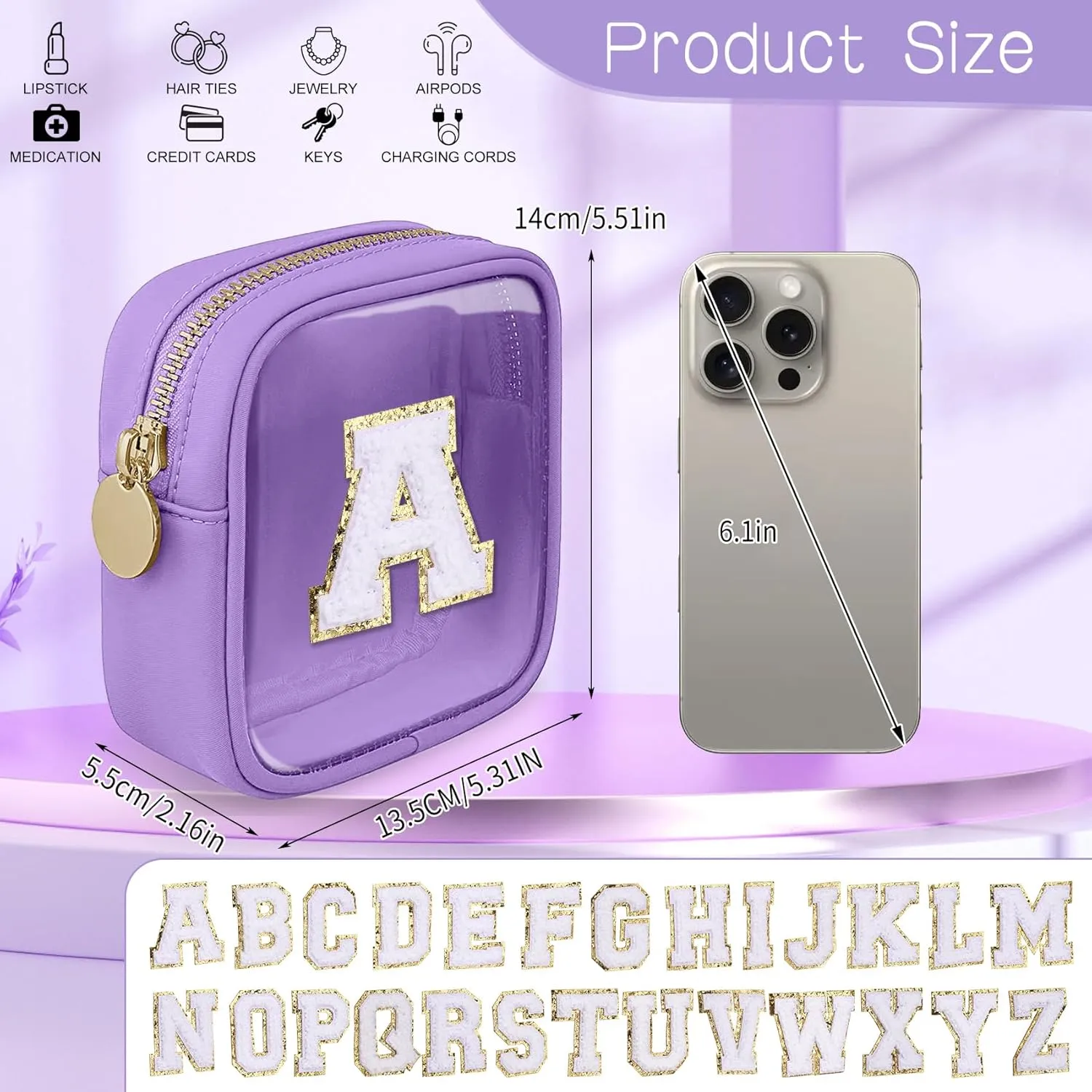 Initial Clear Makeup Bag Small Cosmetic Bag Travel Toiletry Bag Clear Zipper Pouch Purse Organizer Bags for Women (Purple, N)