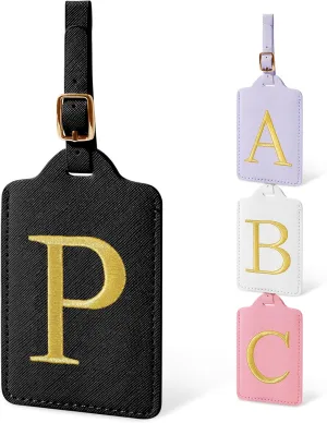 Initial Letter Luggage Tags for Suitcases, Personalized Embroidered Letter Luggage Bag Suitcase Identifier Name Tag, Cute PU Leather Travel Luggage Tags, Bag Tags for Luggage Handbags(Black P)