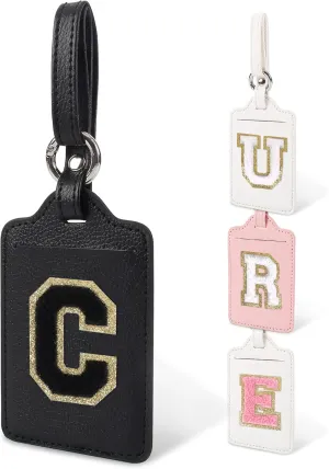 Initial Luggage Tags for Suitcases, Cute Letter Luggage Bag Suitcase Identifier Name Baggage Tag, PU Leather Travel Luggage Tags, Bag Tags for Men Women Kids Luggage Handbags Schoolbags(Black-Black C)
