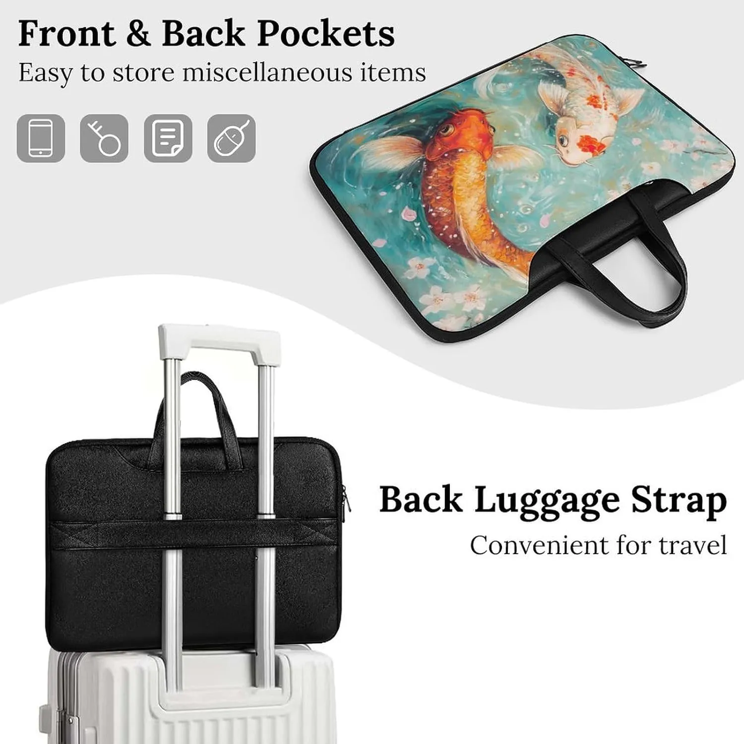 Japanese Fish Cherry Flowers Leather Bag Laptop Case Slim Water Resistant Computer Bags with Handle Briefcase for Work
