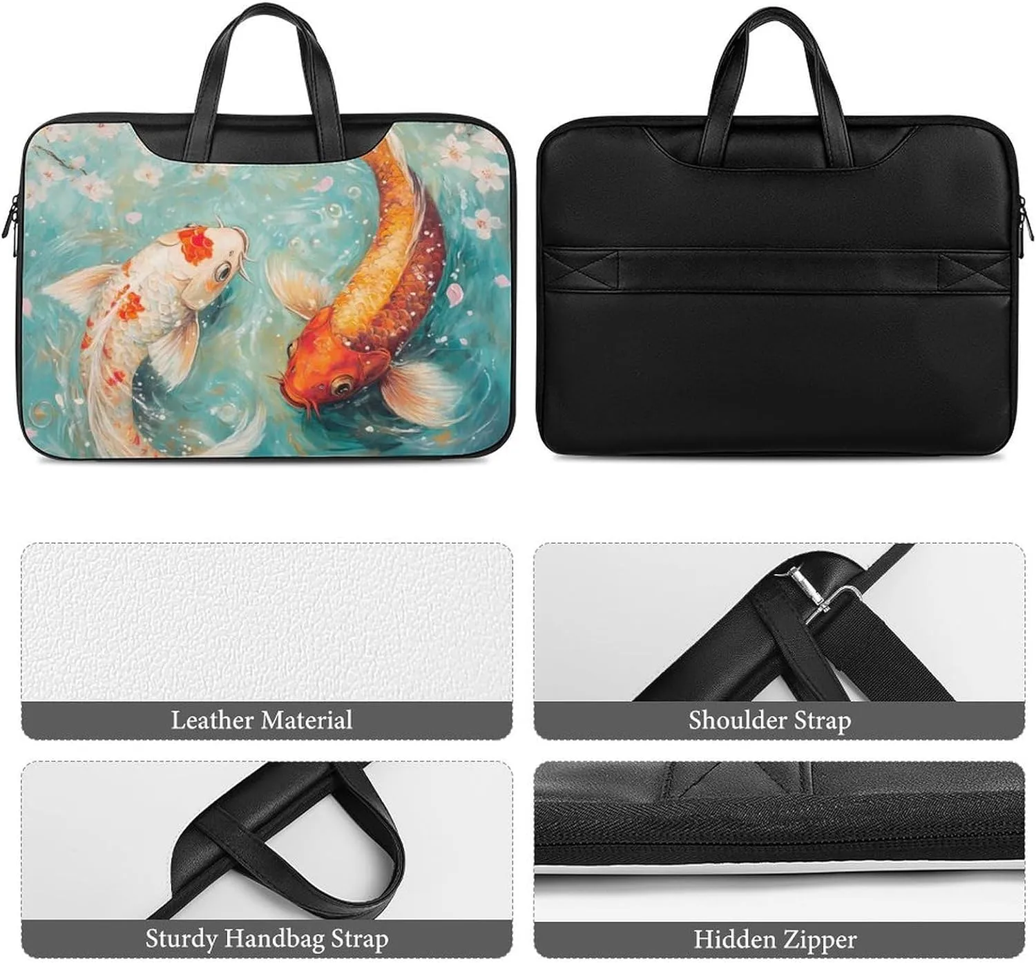 Japanese Fish Cherry Flowers Leather Bag Laptop Case Slim Water Resistant Computer Bags with Handle Briefcase for Work