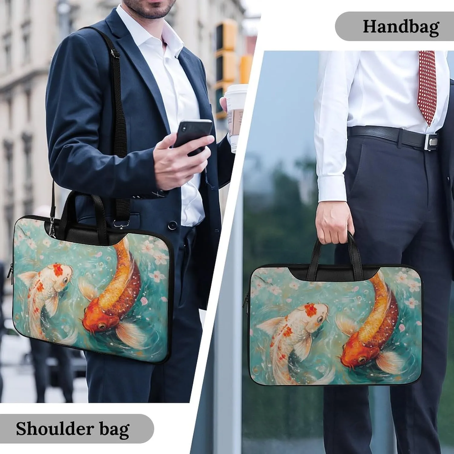 Japanese Fish Cherry Flowers Leather Bag Laptop Case Slim Water Resistant Computer Bags with Handle Briefcase for Work