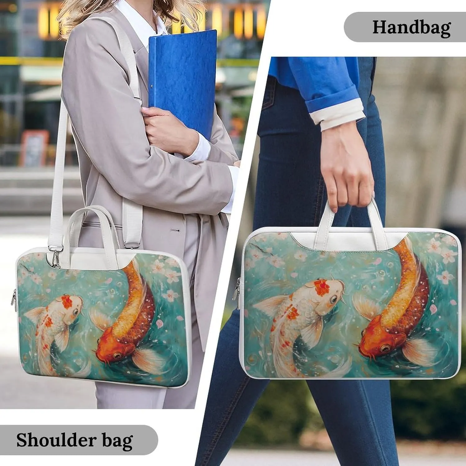 Japanese Fish Cherry Flowers Leather Bag Laptop Case Slim Water Resistant Computer Bags with Handle Briefcase for Work