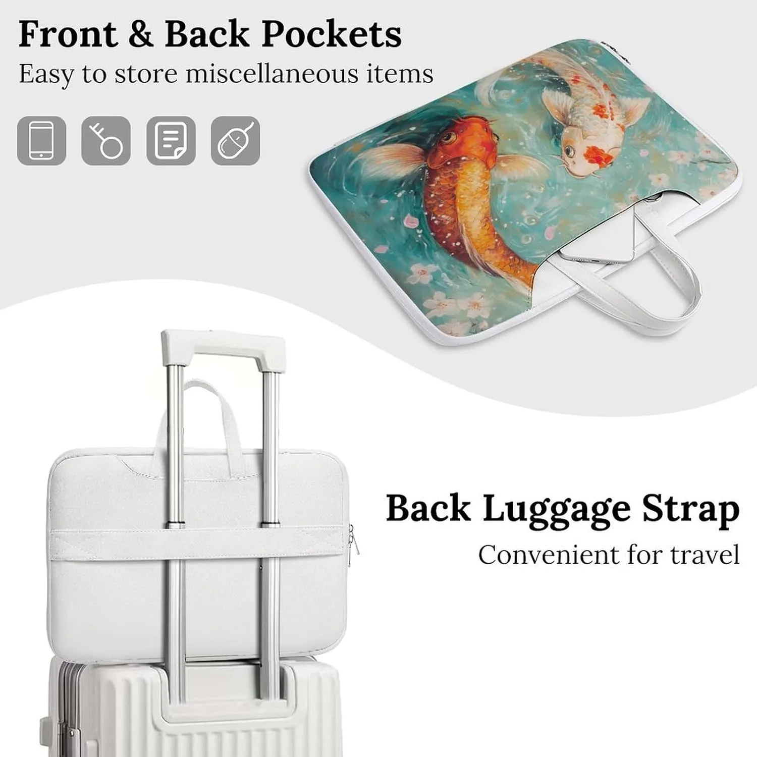 Japanese Fish Cherry Flowers Leather Bag Laptop Case Slim Water Resistant Computer Bags with Handle Briefcase for Work