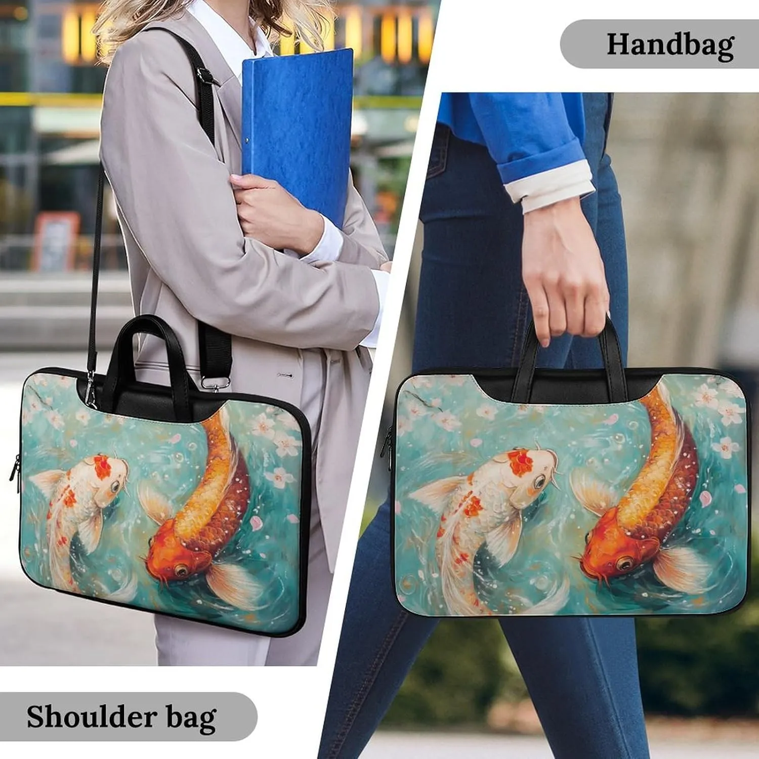 Japanese Fish Cherry Flowers Leather Bag Laptop Case Slim Water Resistant Computer Bags with Handle Briefcase for Work