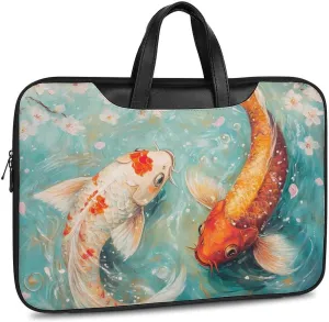 Japanese Fish Cherry Flowers Leather Bag Laptop Case Slim Water Resistant Computer Bags with Handle Briefcase for Work