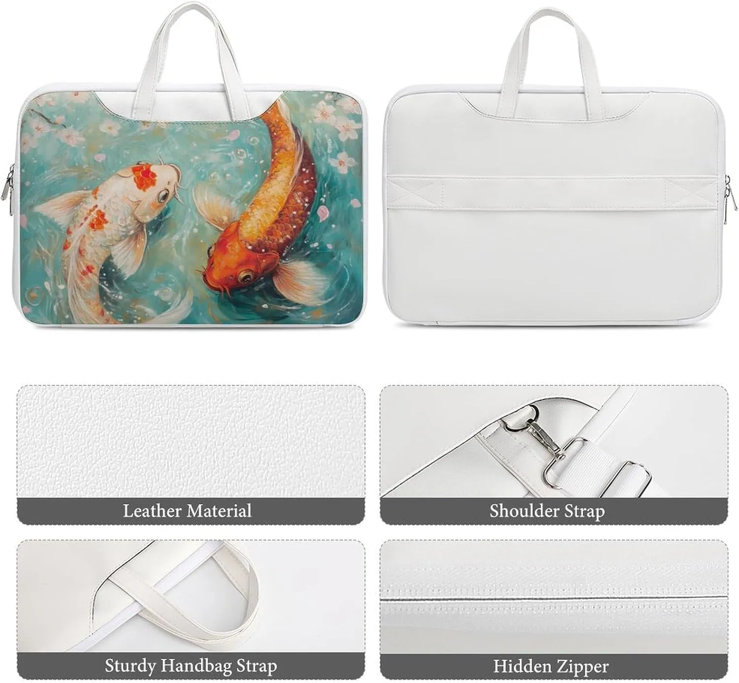 Japanese Fish Cherry Flowers Leather Bag Laptop Case Slim Water Resistant Computer Bags with Handle Briefcase for Work