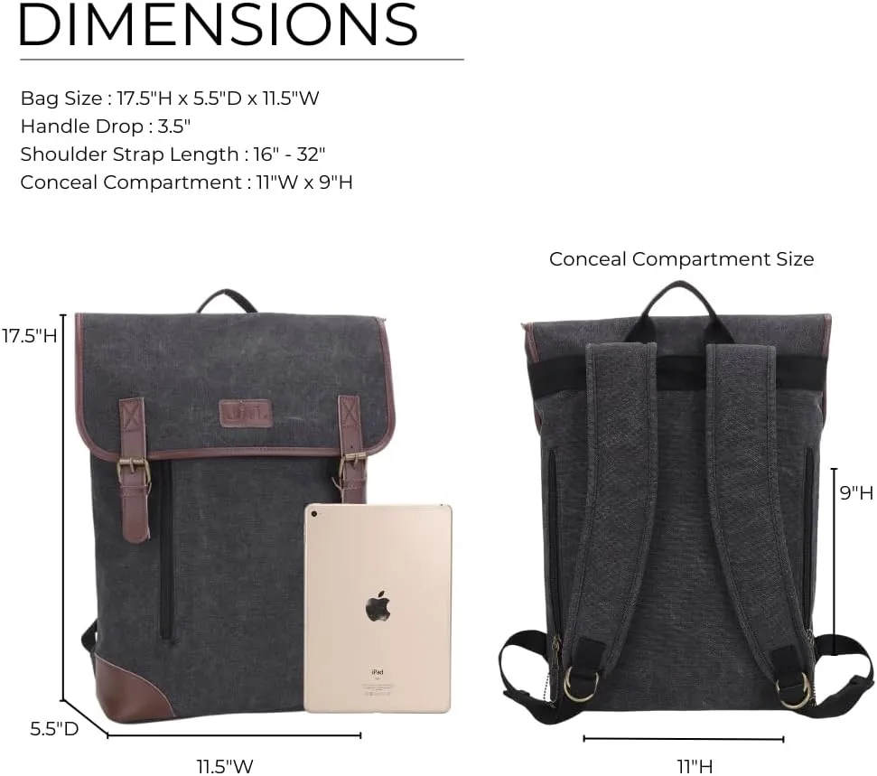 JESSIE & JAMES Vintage Canvas Concealed Carry Backpack for Women Men Large Travel Backpack BLACK