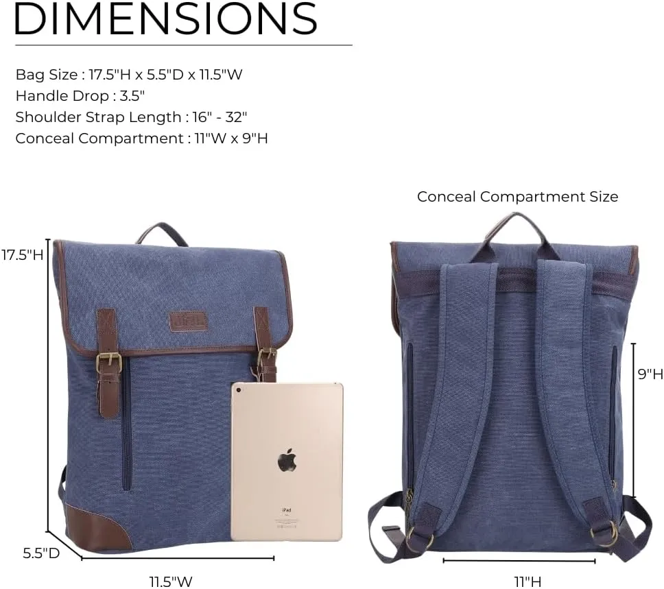JESSIE & JAMES Vintage Canvas Concealed Carry Backpack for Women Men Large Travel Backpack BLUE
