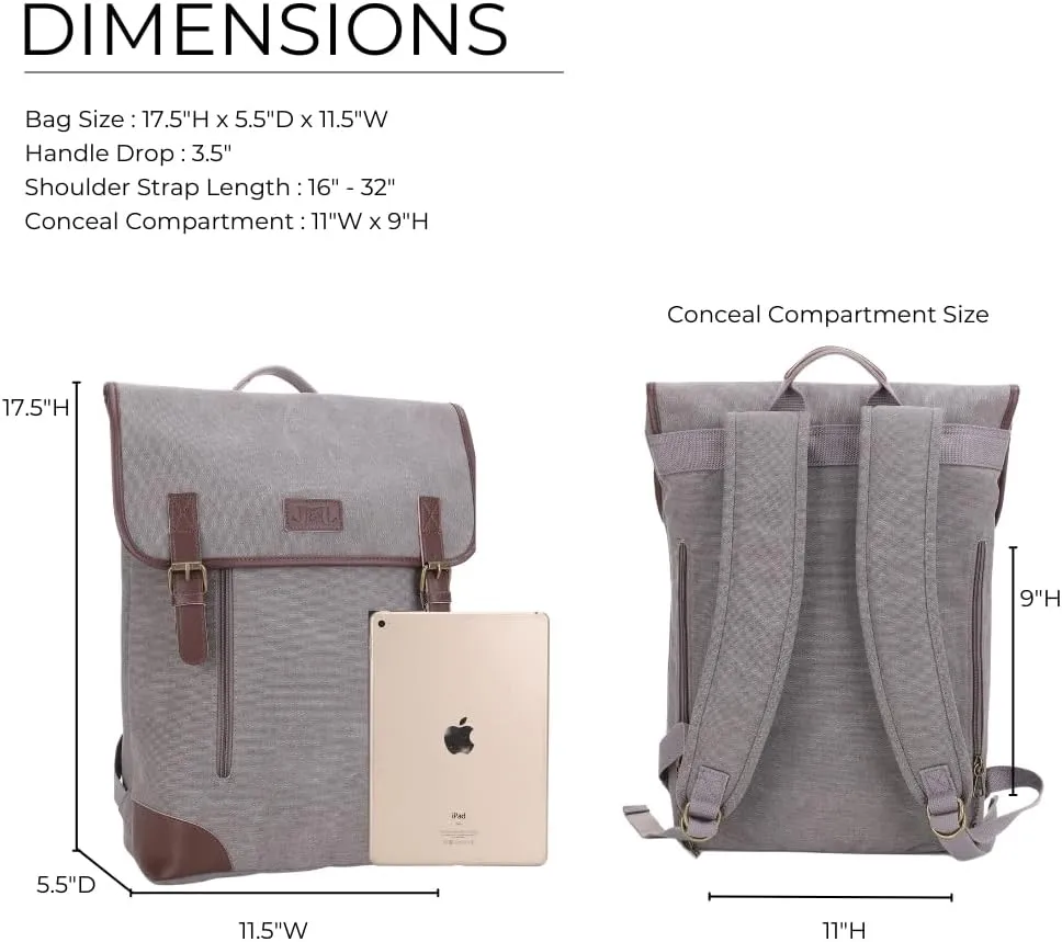 JESSIE & JAMES Vintage Canvas Concealed Carry Backpack for Women Men Large Travel Backpack GREY