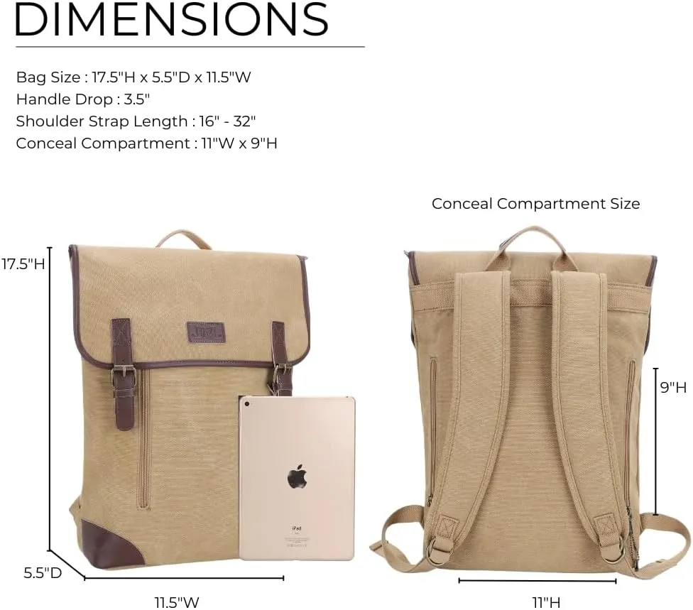 JESSIE & JAMES Vintage Canvas Concealed Carry Backpack for Women Men Large Travel Backpack KHAKI