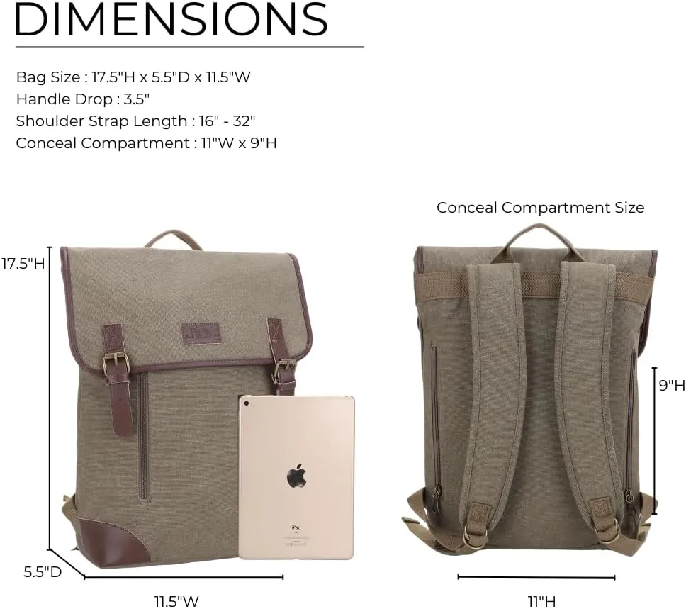 JESSIE & JAMES Vintage Canvas Concealed Carry Backpack for Women Men Large Travel Backpack OLIVE