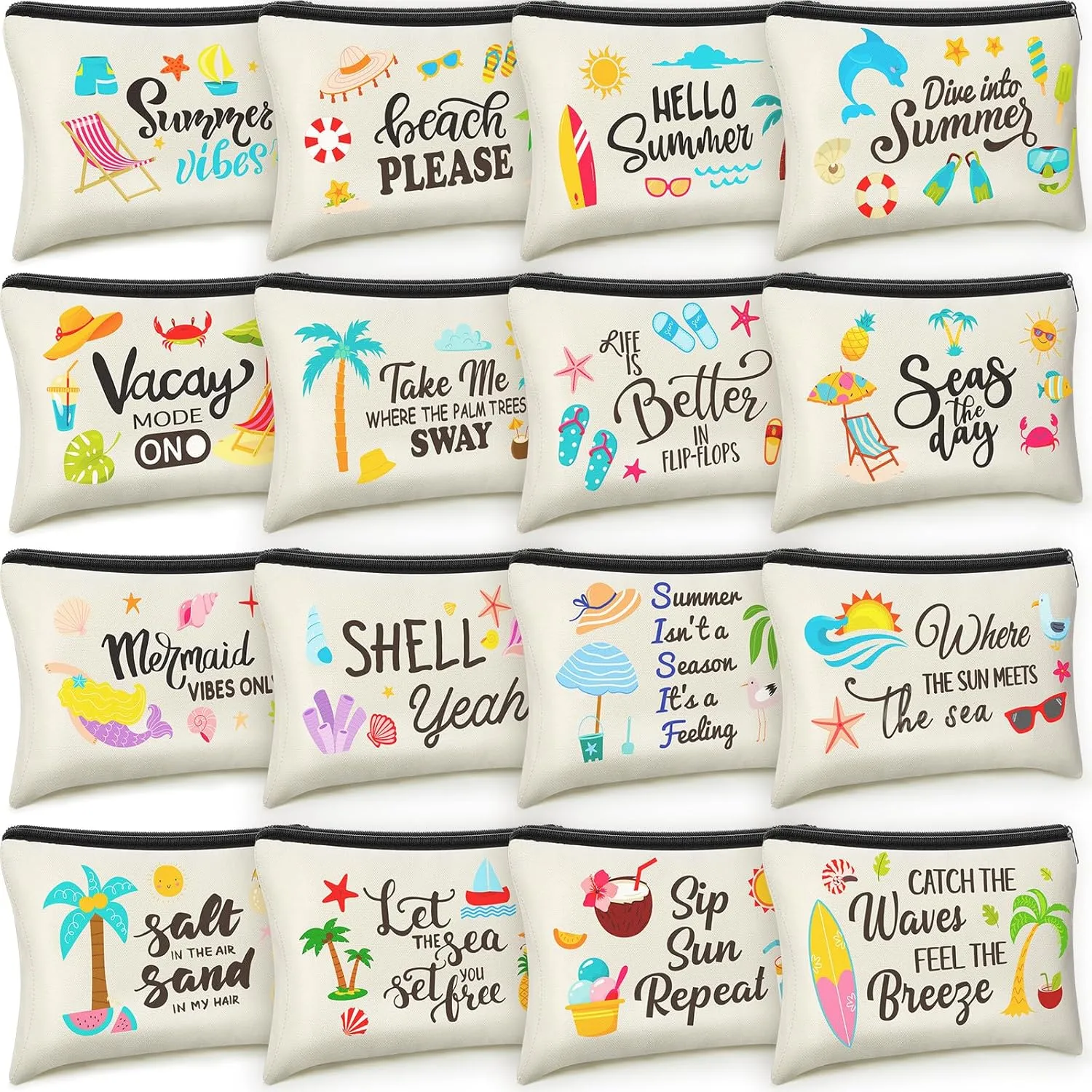 Kacctyen 16 Pcs Beach Makeup Bag Summer Cosmetic Bag Bulk with Zipper Portable Beach Essentials Kit Survival Kit Travel Make up Pouch Storage Pouch for Women Large Capacity Gift Travel Accessories