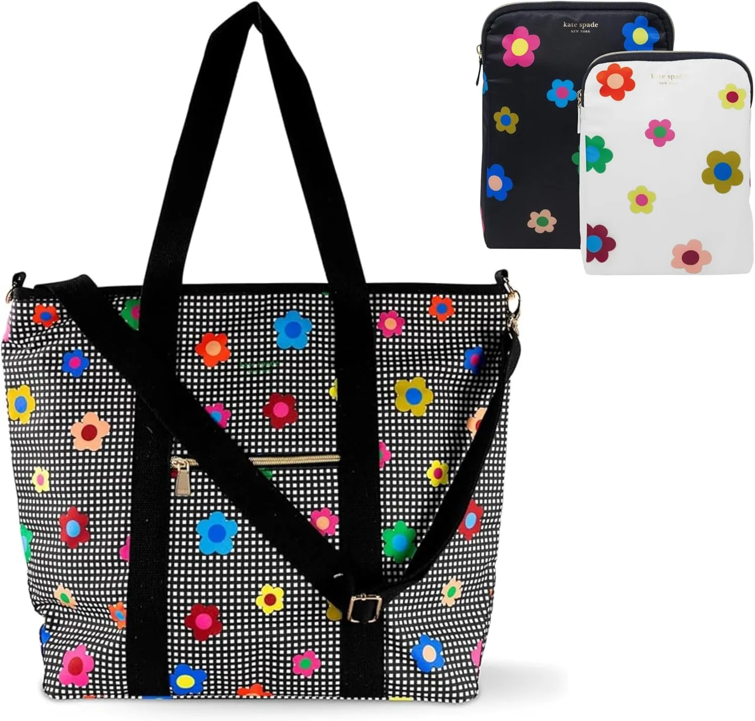 kate spade new york Insulated Cooler Tote Bag Bundle with Reusable Snack Bag Keeper Set (Gingham Garden)
