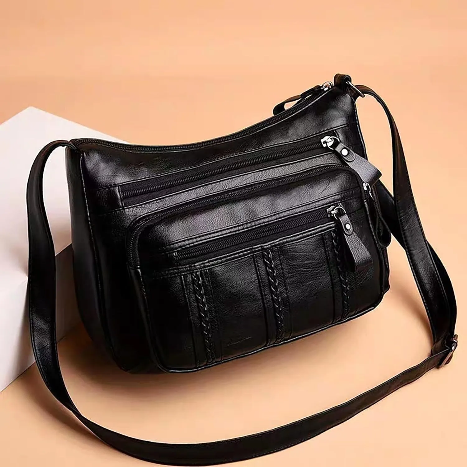 Kniting Crossbody Bag Zip Vintage PU Leather Shoulder Bag Women Pockets Purse Pack Leather Men Bags (Black, One Size)