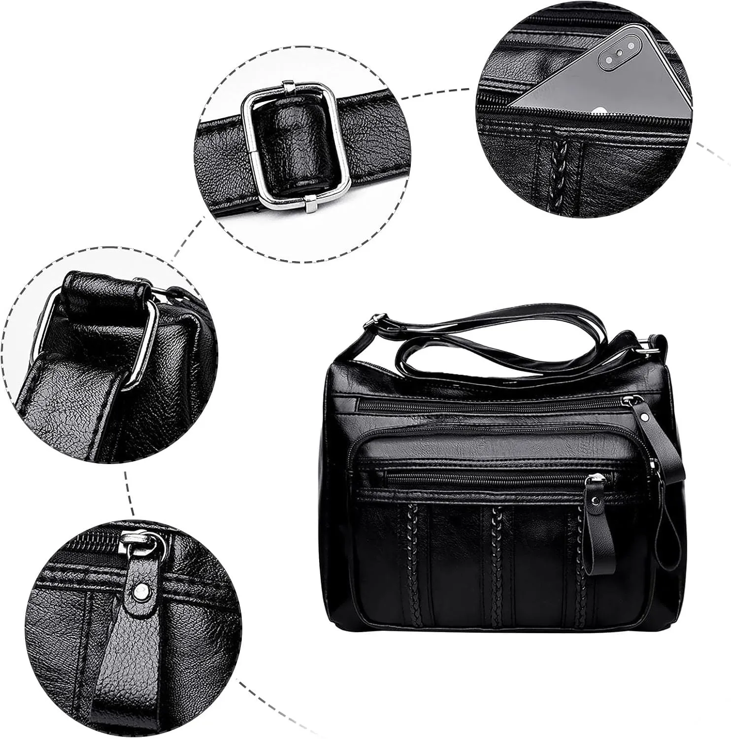Kniting Crossbody Bag Zip Vintage PU Leather Shoulder Bag Women Pockets Purse Pack Leather Men Bags (Black, One Size)