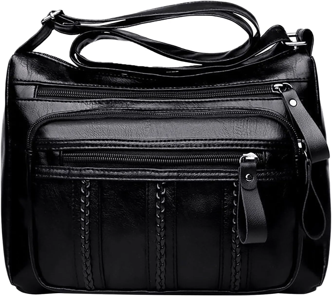 Kniting Crossbody Bag Zip Vintage PU Leather Shoulder Bag Women Pockets Purse Pack Leather Men Bags (Black, One Size)