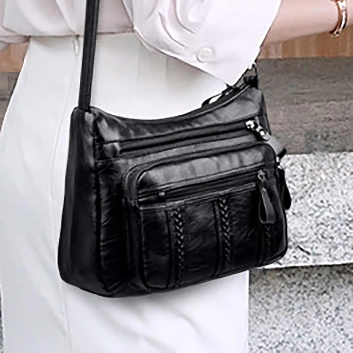 Kniting Crossbody Bag Zip Vintage PU Leather Shoulder Bag Women Pockets Purse Pack Leather Men Bags (Black, One Size)