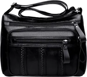 Kniting Crossbody Bag Zip Vintage PU Leather Shoulder Bag Women Pockets Purse Pack Leather Men Bags (Black, One Size)