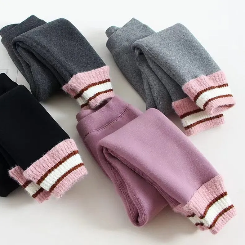 Knitted Striped Cuff Plush Leggings