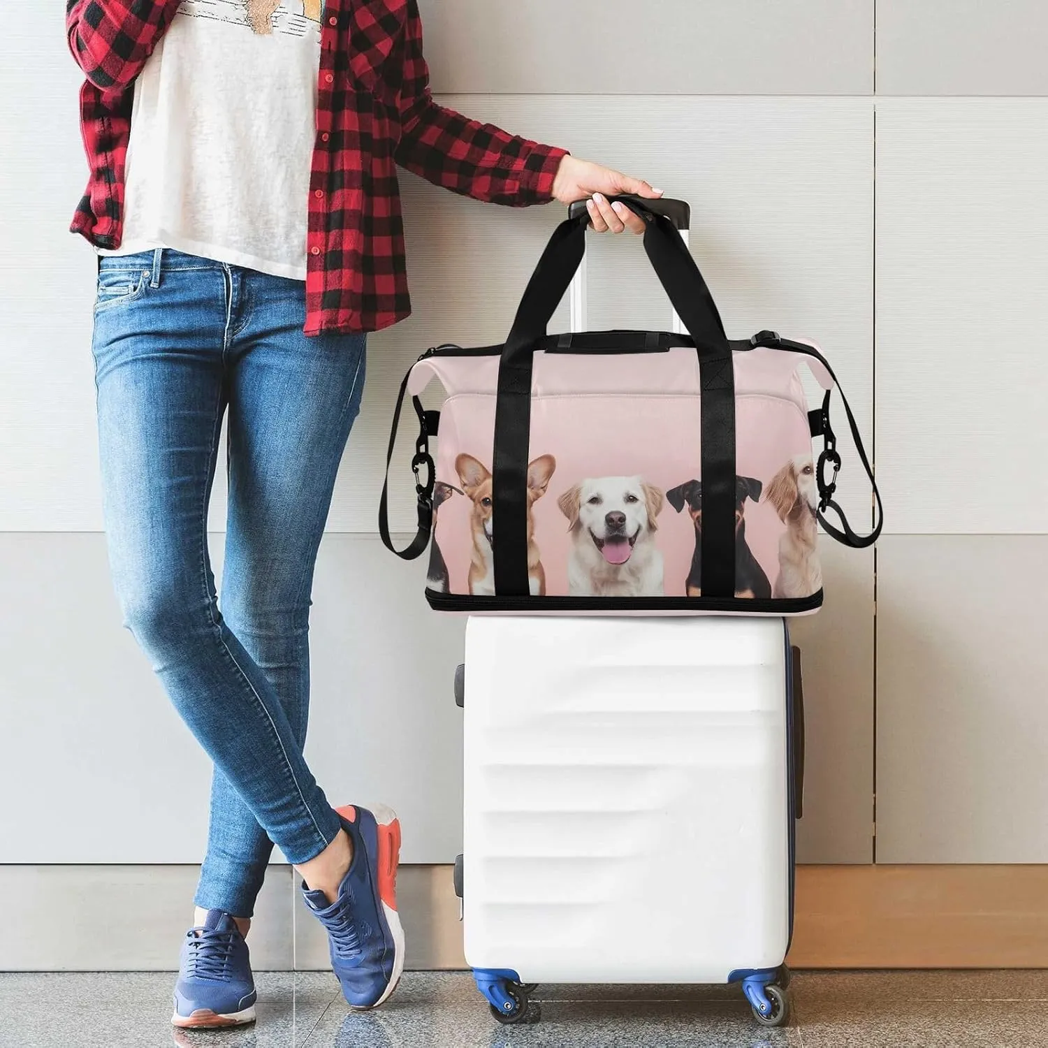 Knolling Of Various Worldwide Types Of Dogs Plain Colo Travel Duffel Bag Waterproof Gym Sport Tote Bag Carry On Weekender Bag with Compartment